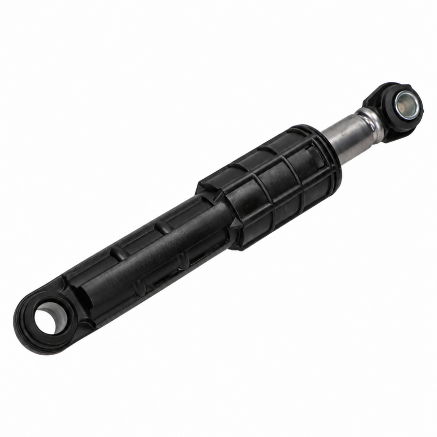 A black and silver automotive shock absorber or strut with a knuckle joint, shown diagonally on a plain white background.
