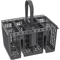 Gray plastic dishwasher detergent holder with handles on a white background