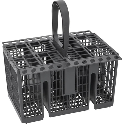 Gray plastic dishwasher detergent holder with handles on a white background