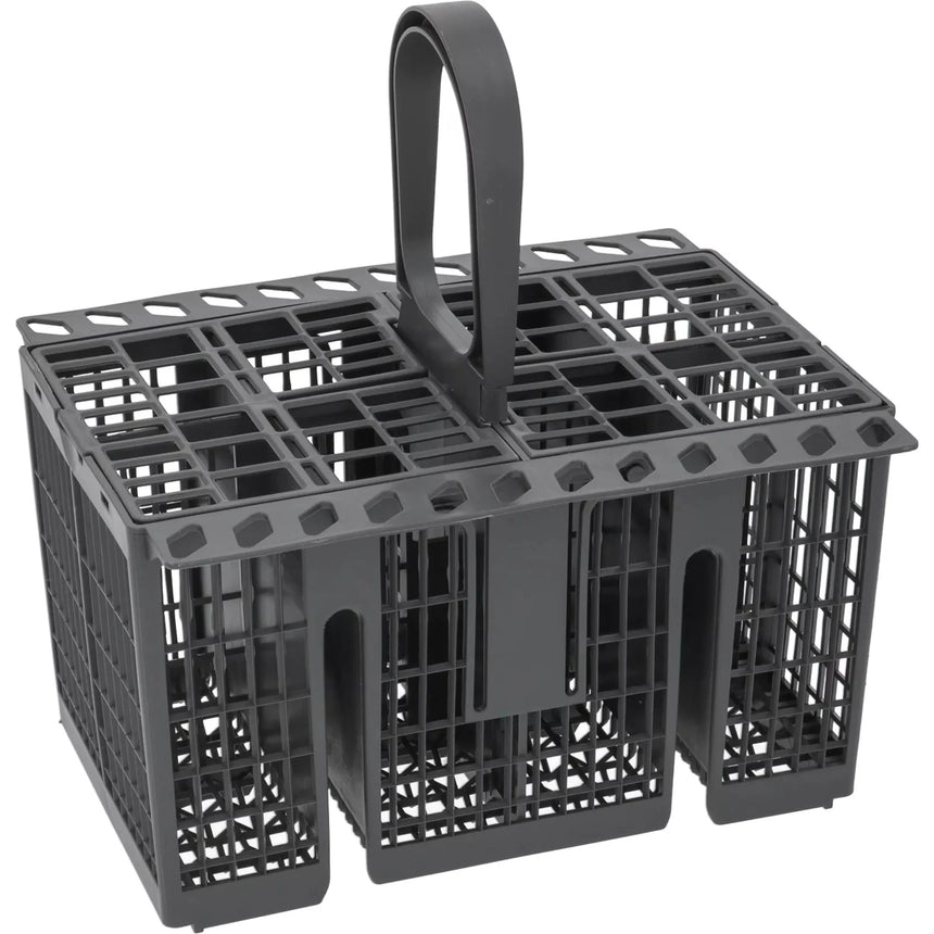 Gray plastic dishwasher detergent holder with handles on a white background