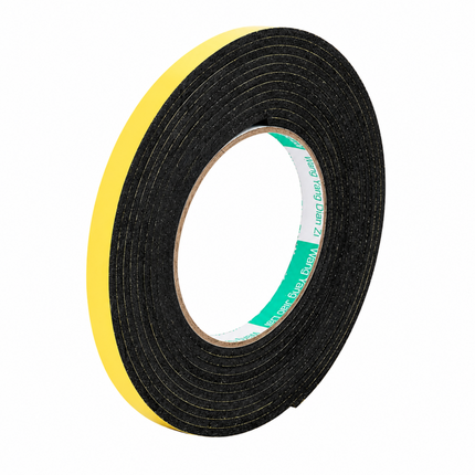 Roll of black foam tape with yellow edge on a white background