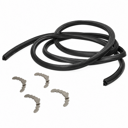 Black rubber weatherstripping seal with four silver metal clips on a white background.