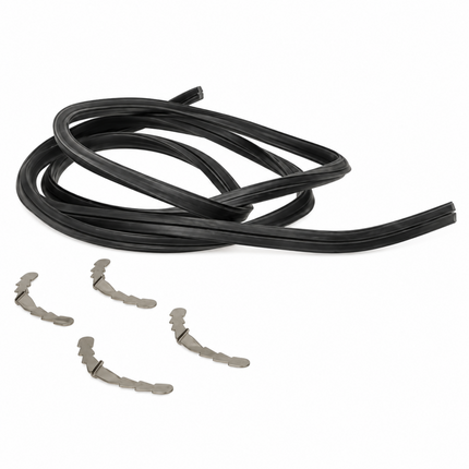 A black rubber door seal strip with four small silver metal clips, shown on a plain white background.