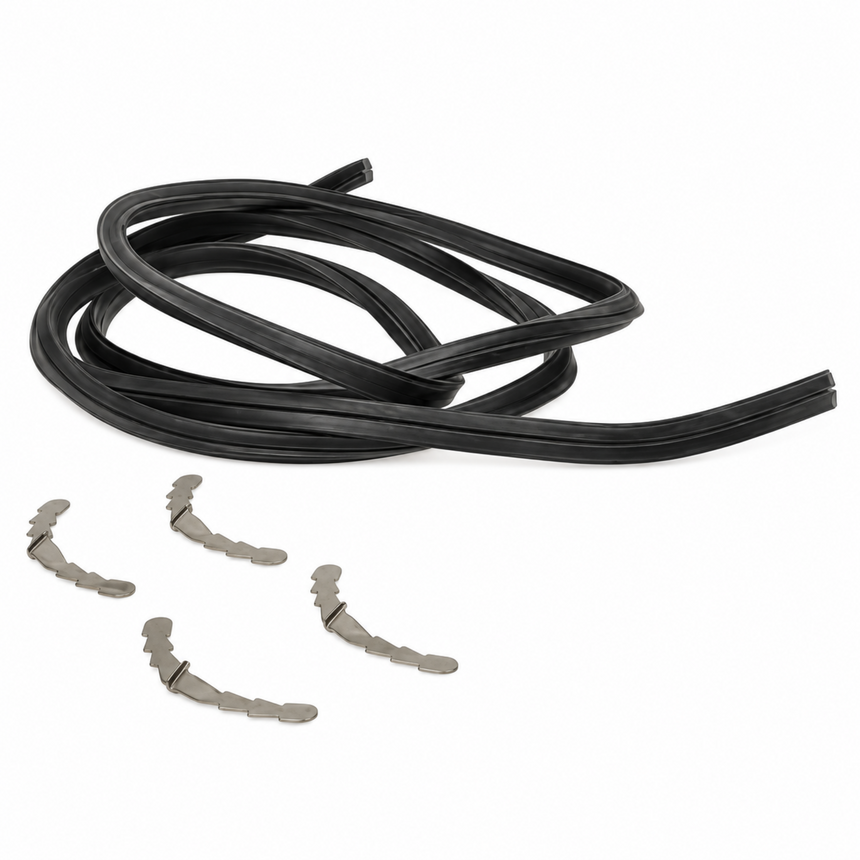 A black rubber door seal strip with four small silver metal clips, shown on a plain white background.