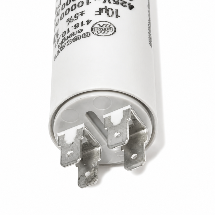 A close-up of a white cylindrical electronic component with metal terminal leads, showing printed specifications and a circular logo on a white background.