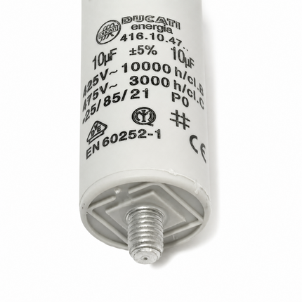 A white cylindrical Ducati energia LED driver capacitor with black printed specifications and a silver metal terminal at the bottom, shown on a white background.