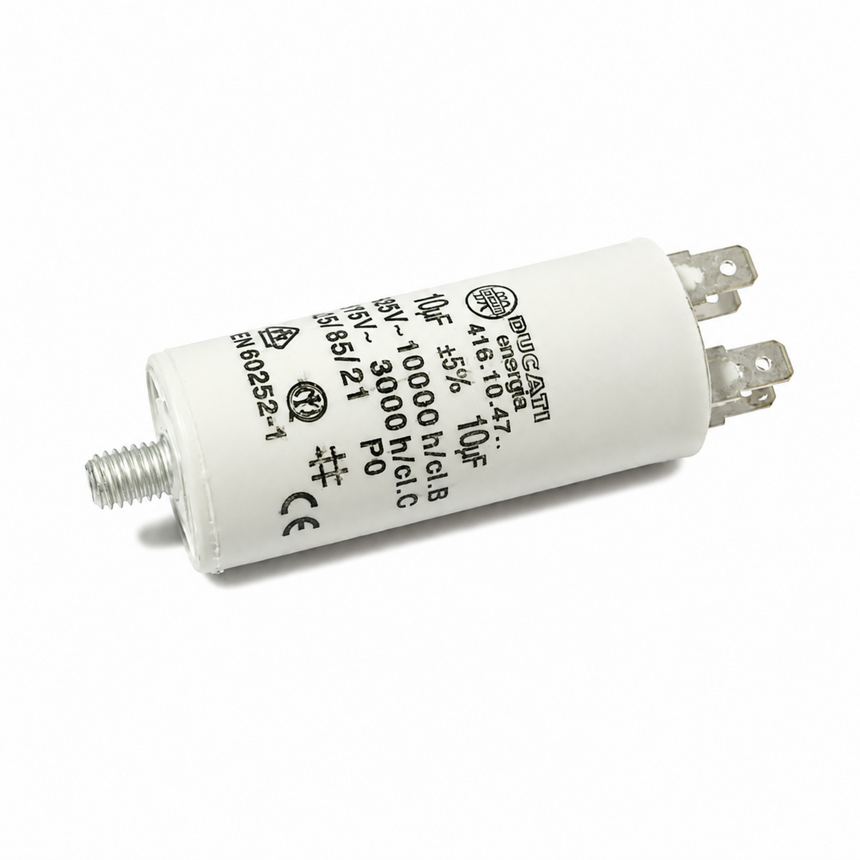 A cylindrical white electrical fuse with a threaded metal post on one end and two metal blade terminals on the other, featuring black printed specifications and the 'eMEL' brand logo, shown on a white background.