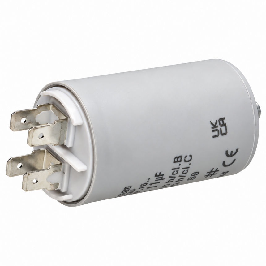 A cylindrical white plastic capacitor with metal terminal leads on a plain white background.