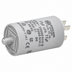 A cylindrical silver-colored energy storage capacitor with printed technical specifications and a threaded metal terminal on one end, shown against a plain white background.