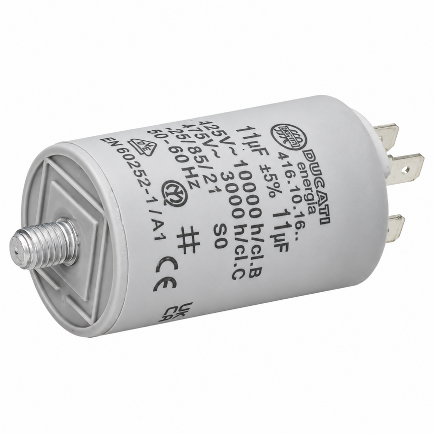 A cylindrical silver-colored energy storage capacitor with printed technical specifications and a threaded metal terminal on one end, shown against a plain white background.