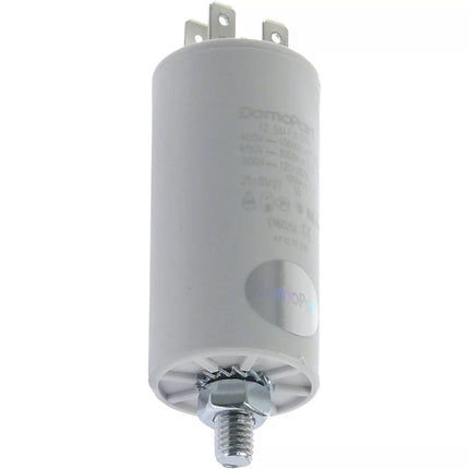 White cylindrical electrical component with metallic base on a white background