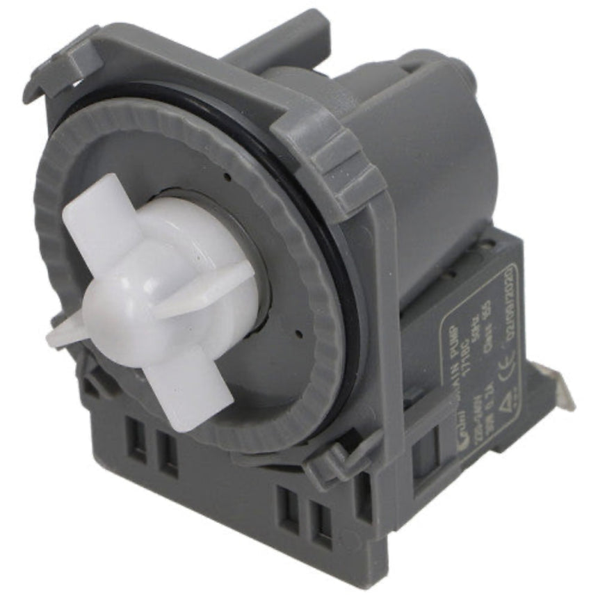 A gray plastic replacement water pump motor with a white plastic impeller hub, shown on a plain white background.