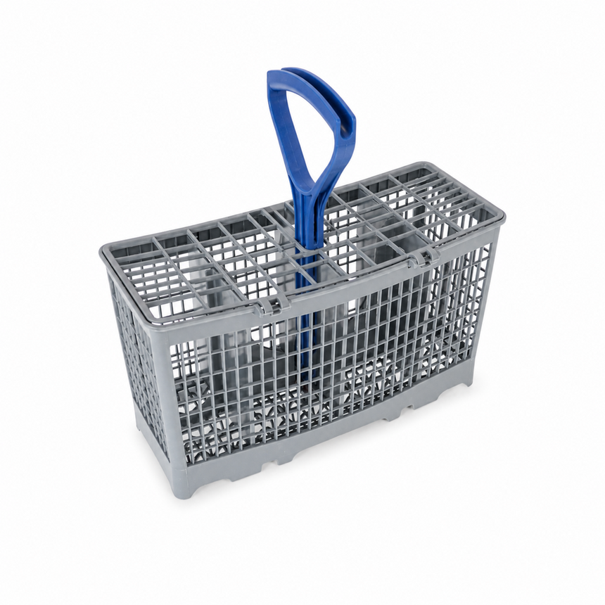 Gray dishwasher cutlery basket with a blue handle on a white background