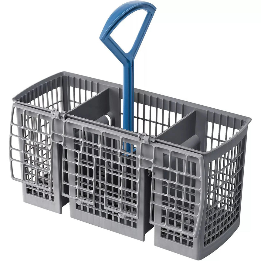 Gray dishwasher cutlery basket with a blue handle on a white background