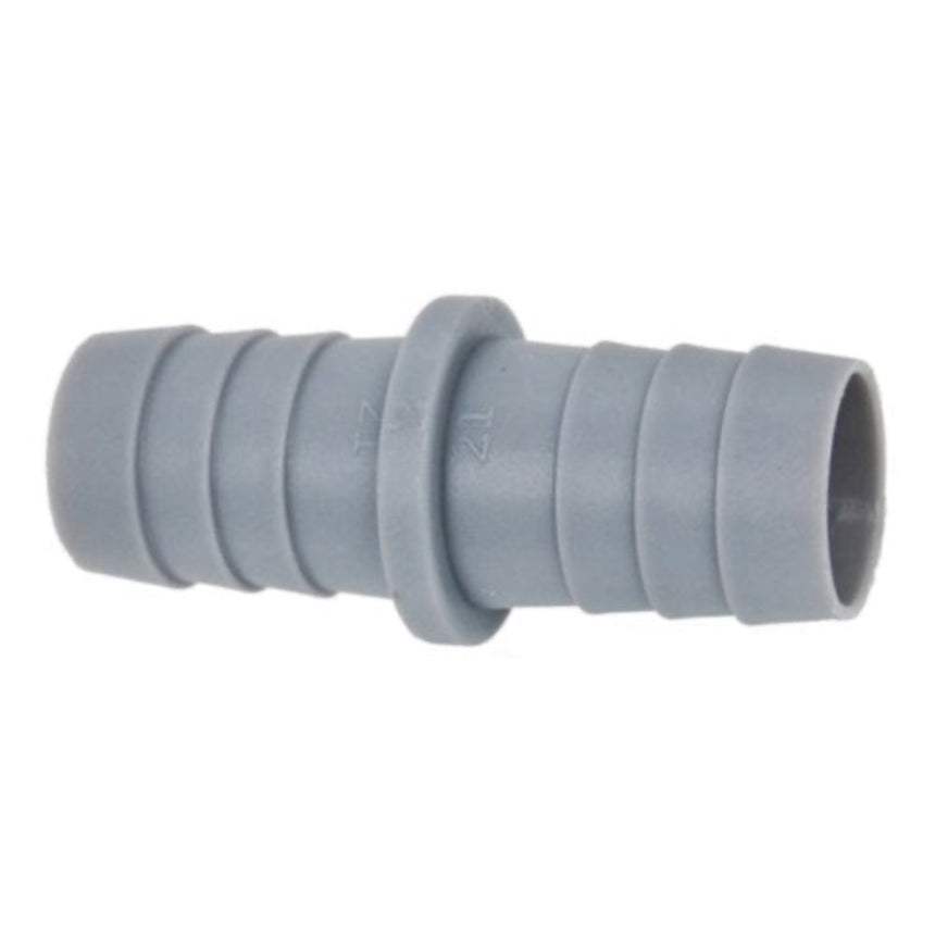 A gray plastic male connector fitting with a ribbed body and a central band, shown on a plain white background.
