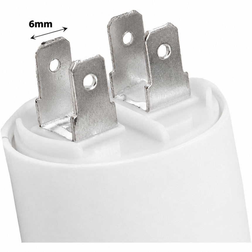 Close-up of a white electrical component with metal contacts and a measurement label on a white background