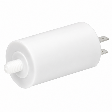 White cylindrical filter with metal connectors on a white background