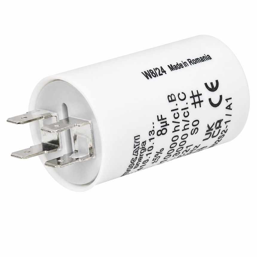 White cylindrical capacitor with metallic terminals on a white background