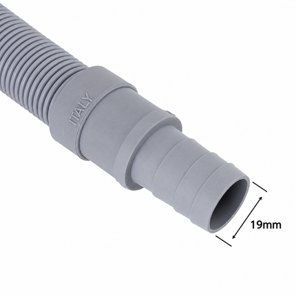 A gray flexible plastic hose connector with a 19mm diameter end, featuring a ribbed hose section and a collar stamped with 'ITALY'. Black dimension lines and text indicating '19mm' are shown next to the connector.