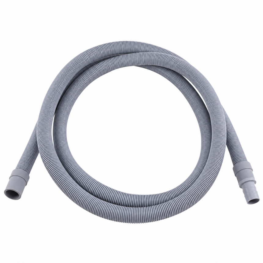 A coiled gray corrugated plastic hose with connector ends visible on both sides, shown on a plain white background.