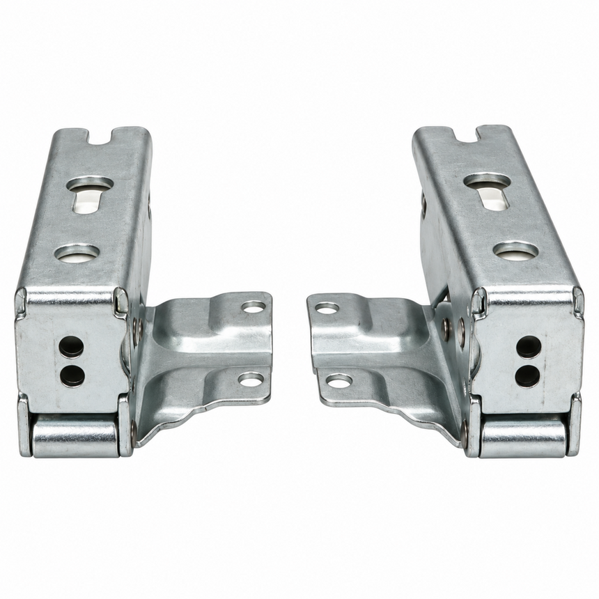 Two silver metal hinge brackets shown side by side on a plain white background.