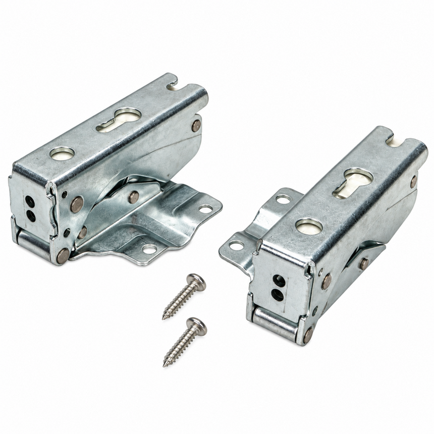 Two galvanized metal cabinet hinges with two small matching screws, shown on a plain white background.