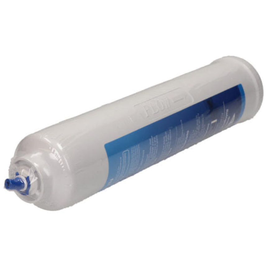 Water filter cartridge with blue and white design on a white background