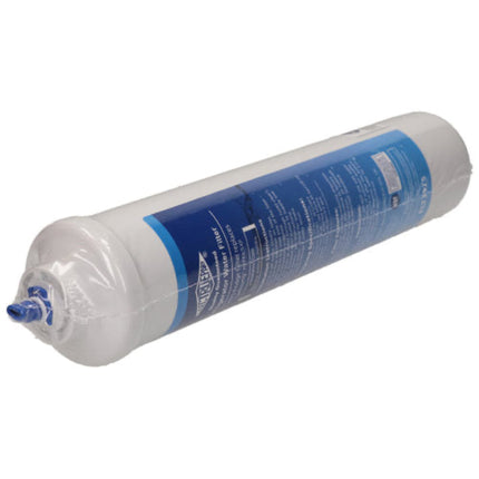 Water filter cartridge with blue label on a white background