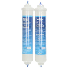 Two water filters with blue labels on a white background