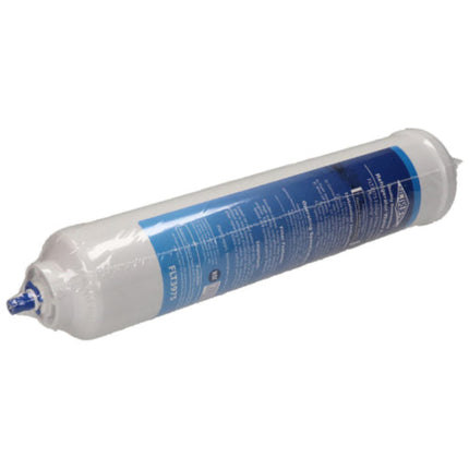 White cylindrical container with blue label on a white background