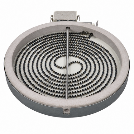 A circular electric heating element assembly, likely for a stove top or oven, featuring a dual-coil spiral pattern of black heating coils on a light gray ceramic or stone insulator inside a metal frame.