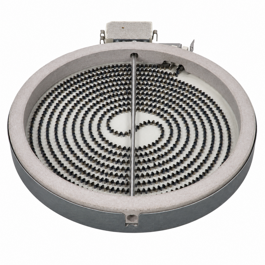 A circular electric heating element assembly, likely for a stove top or oven, featuring a dual-coil spiral pattern of black heating coils on a light gray ceramic or stone insulator inside a metal frame.