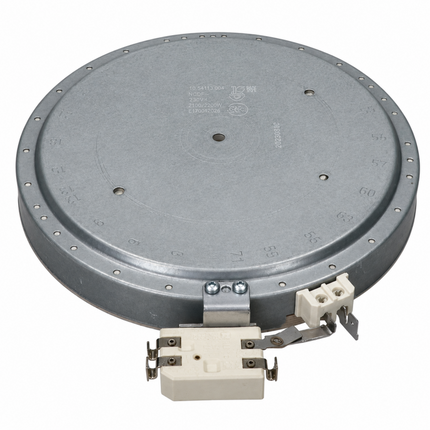 A circular gray metal appliance component with a beige plastic terminal connector and small metal tabs, photographed on a plain white background.