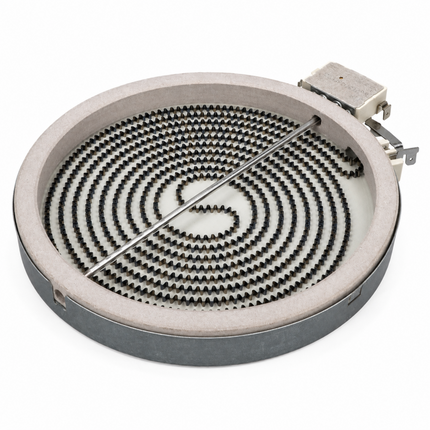 A circular electric heating element coil assembly with a spiral black coil pattern inside a beige insulating ring, featuring a metal support rod and a small metal connector on the right side, shown on a white background.