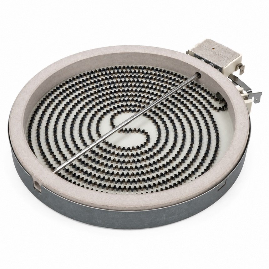 A circular electric heating element coil assembly with a spiral black coil pattern inside a beige insulating ring, featuring a metal support rod and a small metal connector on the right side, shown on a white background.