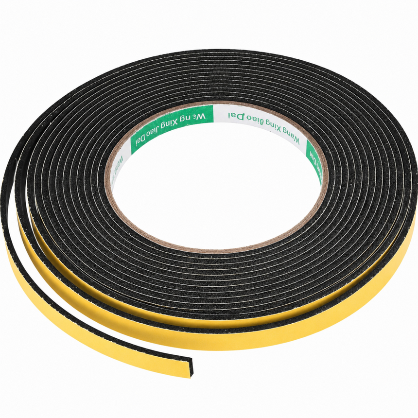 Roll of black and yellow foam tape on a white background
