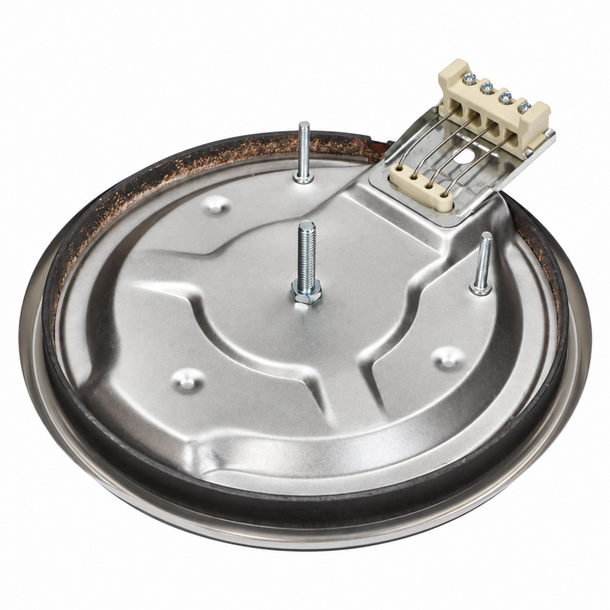 A round stainless steel replacement water heater tank lid with a beige plastic terminal connector and metal mounting bolts, shown on a white background.