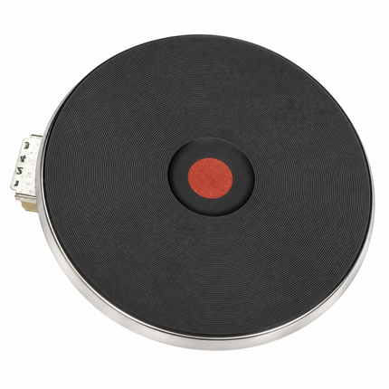 A circular black heated plate or mat with a textured surface, a silver metal rim, and a small red circular center detail, shown on a plain white background.