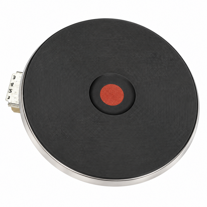 A circular black heated plate or mat with a textured surface, a silver metal rim, and a small red circular center detail, shown on a plain white background.