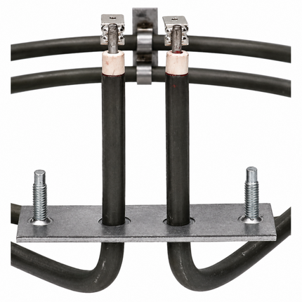 Metallic component with black hoses and screws on a white background