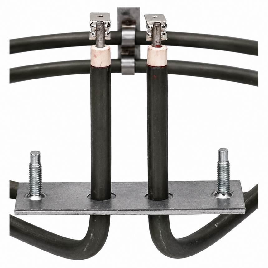 Metallic component with black hoses and screws on a white background