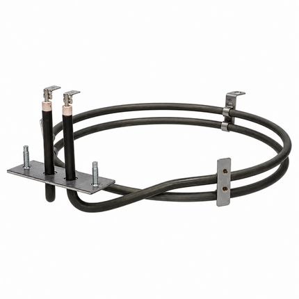 Metal heating element with coiled black cable on a white background