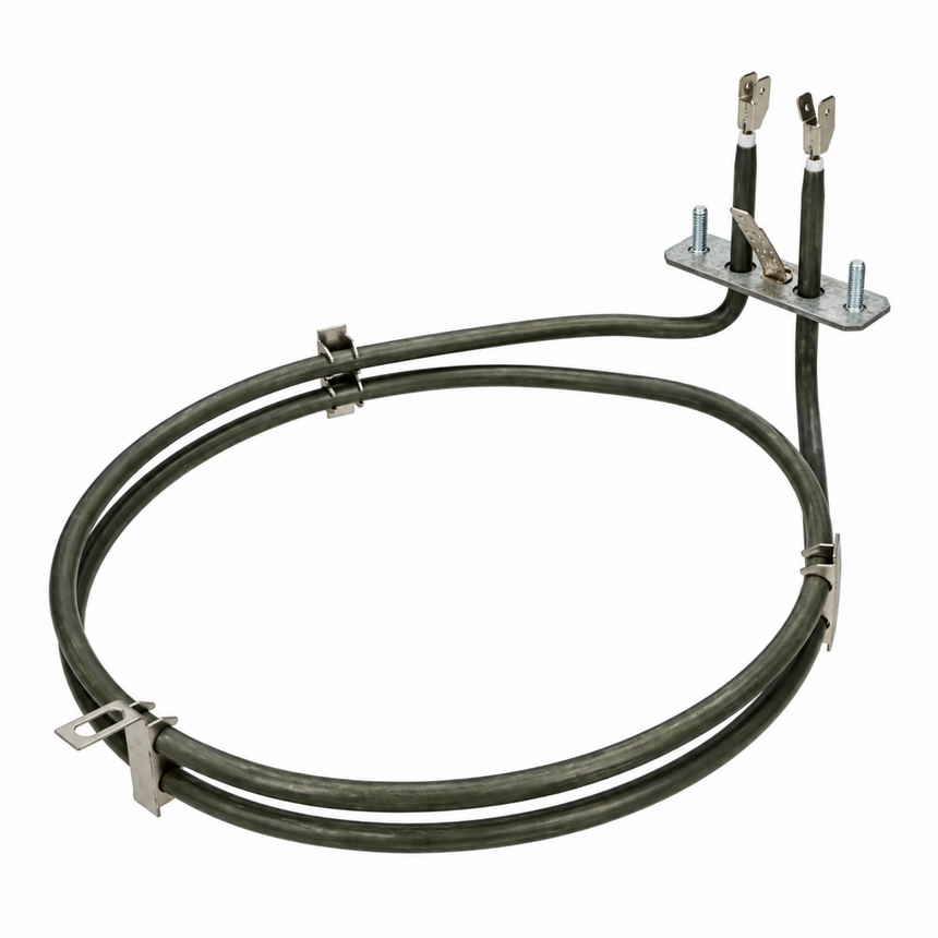 A replacement electric coil burner assembly with a dark gray coiled heating element, silver metal clamps, and a mounting plate with two terminal posts on a solid white background.