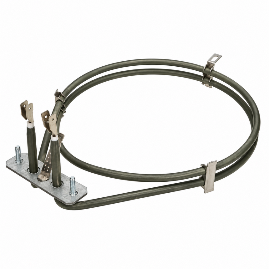 A double-heater coil element with a silver metal base plate and dual insulated wires, shown on a plain white background.