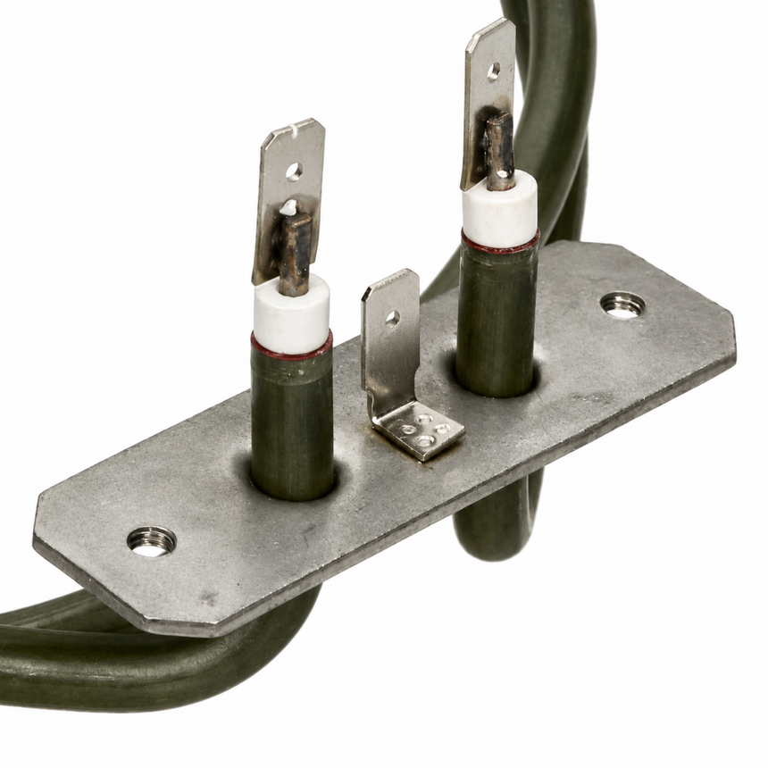 Metal electrical component with connectors on a white background
