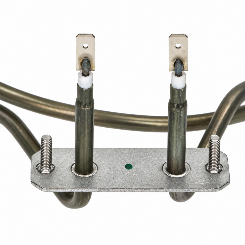 A close-up of a metal electrical terminal block with two vertical posts, each topped with a screw terminal and white insulator, connected to thick copper wires on a plain white background.
