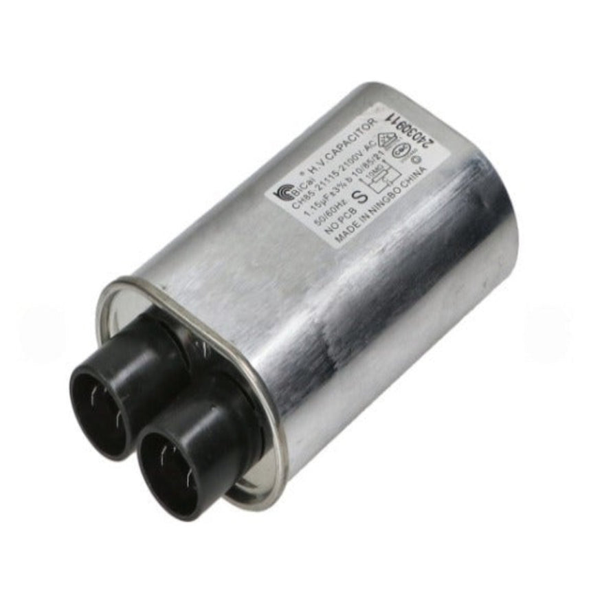A cylindrical metal automotive capacitor with two black plastic connector plugs, featuring a white printed specification label on its side.