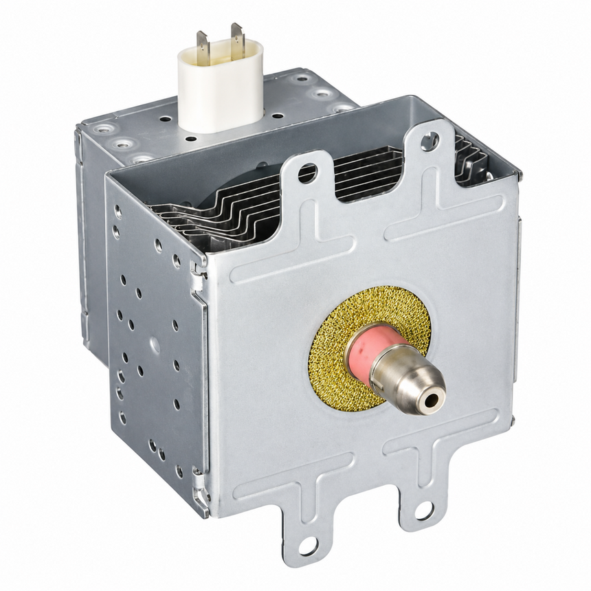A square metal appliance component, likely a magnetron or heating element assembly, featuring a silver aluminum body, a gold mesh screen, a pink ceramic insulator, and a white plastic connector plug on a white background.