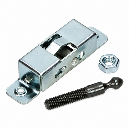 A metal cabinet latch set with a silver-toned rectangular latch plate, a matching hex nut, and a black ball-head mounting screw on a plain white background.