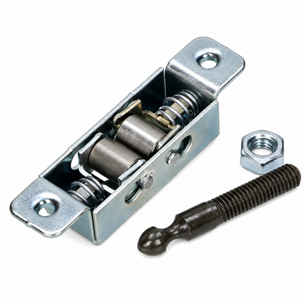 Metal roller catch assembly kit with spring latch, threaded striker pin and hex nut on a white background